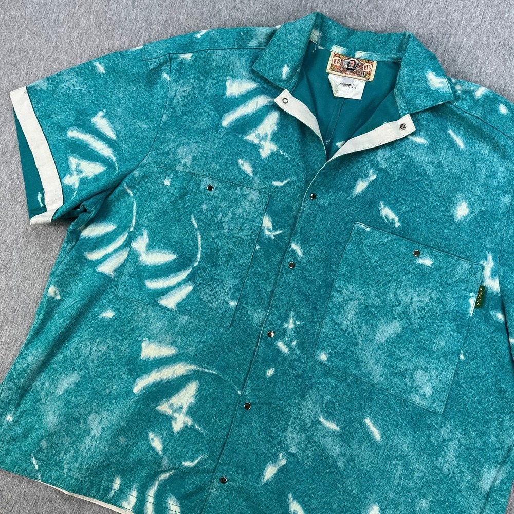Vintage Gene Ewing BIS Top Womens M Teal Abstract Short Sleeve Snap-Up Boxy 80s